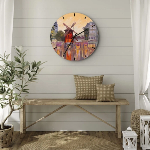 Wanduhr - Glasuhr - Moulin Rouge in einer malerischen Interpretation der Stadtlandschaft - 30x30cm - Pariser Ikonen – Moulin Rouge - Moderne Wanddekoration für Wohnzimmer, Küche und Schlafzimmer ARTTOR