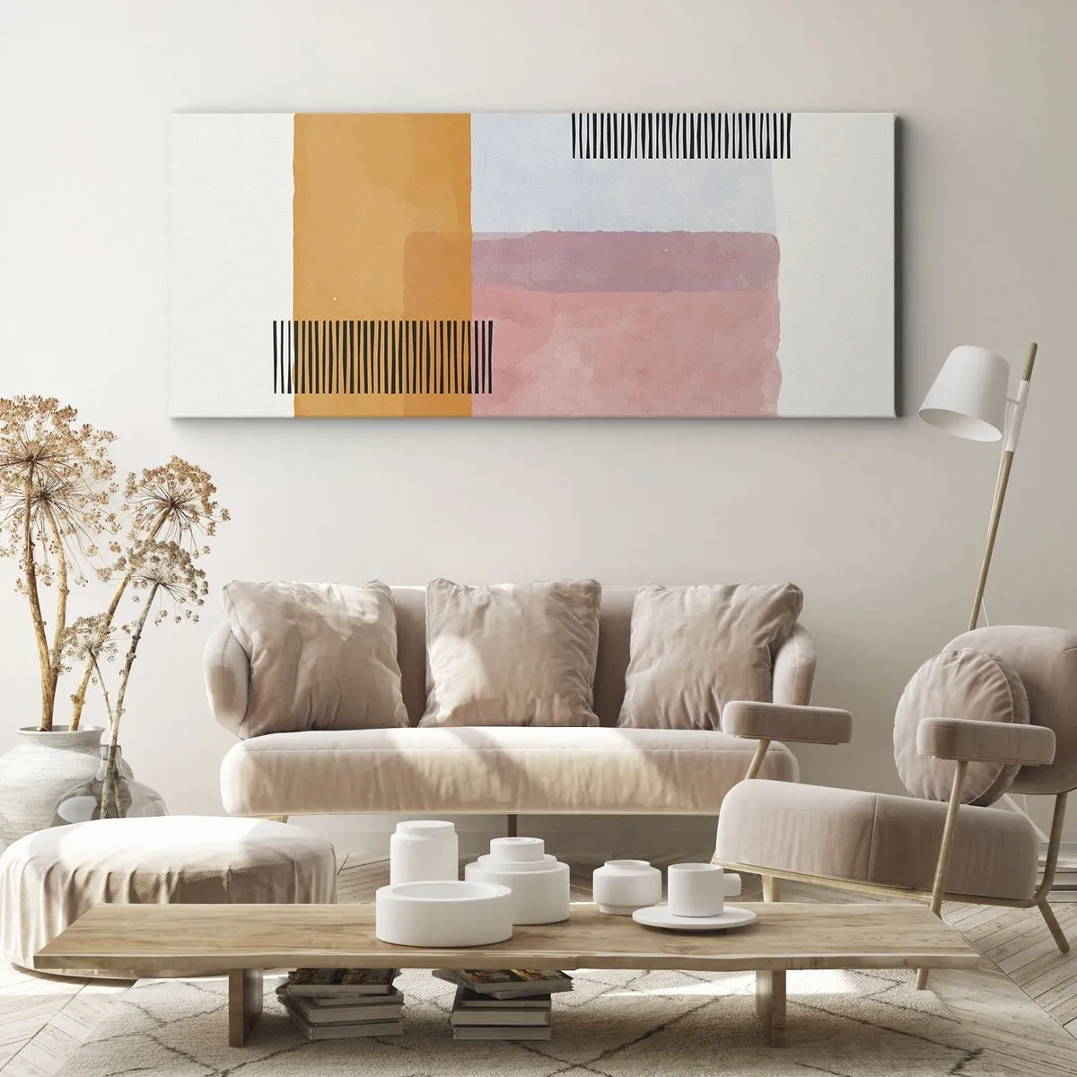 Bild auf Leinwand - Leinwandbild - Geometrie in Pastellfarben mit Linien auf hellem Hintergrund - 160x50cm - Von Ecke zu Ecke - Moderne Wanddekoration für Wohnzimmer und Schlafzimmer ARTTOR