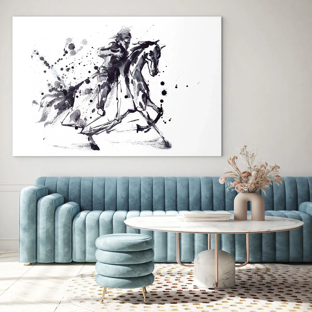 Glasbild - Bild auf glas - Schwarz-Weiß-Gemälde eines Reiters auf einem Pferd im abstrakten Stil - 100x70cm - Schwarzer Ritter - Moderne Wanddekoration für Wohnzimmer und Schlafzimmer ARTTOR