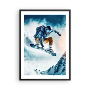 Poster in einem schwarzem Rahmen - Ein Snowboarder fliegt über einen schneebedeckten Berggipfel - 50x70cm - Extreme Emotionen - Moderne Wanddekoration für Wohnzimmer und Schlafzimmer ARTTOR