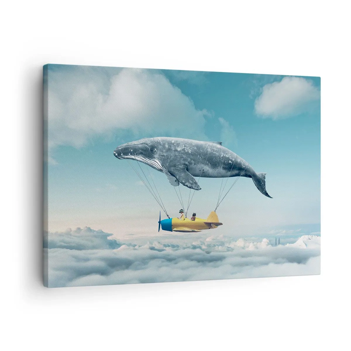Bild auf Leinwand - Leinwandbild - Ein fliegender Wal trägt ein Flugzeug in einer surrealen Umgebung. - 70x50cm - Warum nicht? - Moderne Wanddekoration für Wohnzimmer und Schlafzimmer ARTTOR