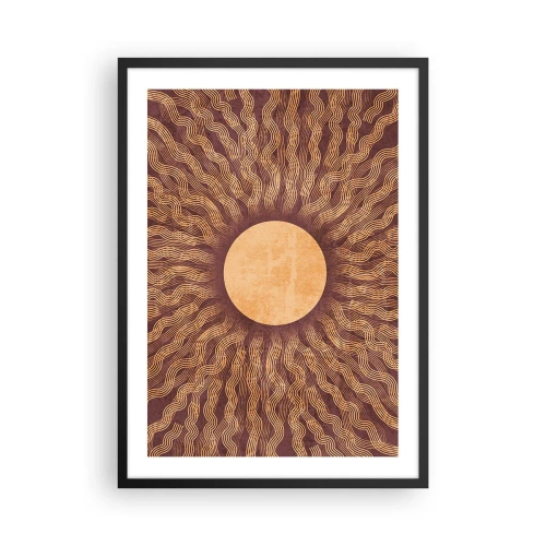 Poster in einem schwarzem Rahmen - Stilisierte Sonne mit Strahlen in Gold- und Brauntönen - 50x70cm - Sonnensymbol - Moderne Wanddekoration für Wohnzimmer und Schlafzimmer ARTTOR