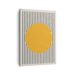 Bild auf Leinwand - Leinwandbild - Ein gelber Kreis auf einem Hintergrund aus schwarzen und weißen horizontalen Linien - 50x70cm - Die Kraft der Einfachheit - Moderne Wanddekoration für Wohnzimmer und Schlafzimmer ARTTOR