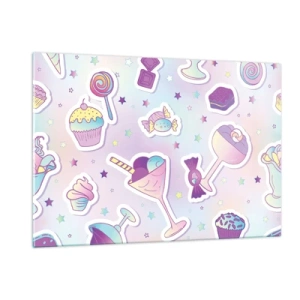 Glasbild - Bild auf glas - Buntes Süßigkeiten-Motiv mit pastellfarbenem Hintergrund - 120x80cm - Dass es jeden Tag ein Geburtstag wäre - Moderne Wanddekoration für Wohnzimmer und Schlafzimmer ARTTOR