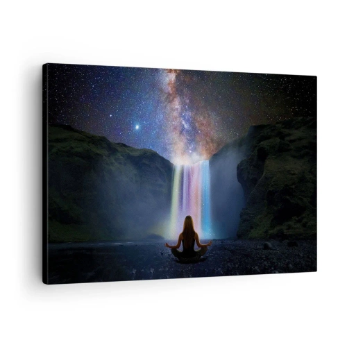 Bild auf Leinwand - Leinwandbild - Meditation vor einem Wasserfall inmitten der Sterne - 70x50cm - Absolute Harmonie - Moderne Wanddekoration für Wohnzimmer und Schlafzimmer ARTTOR