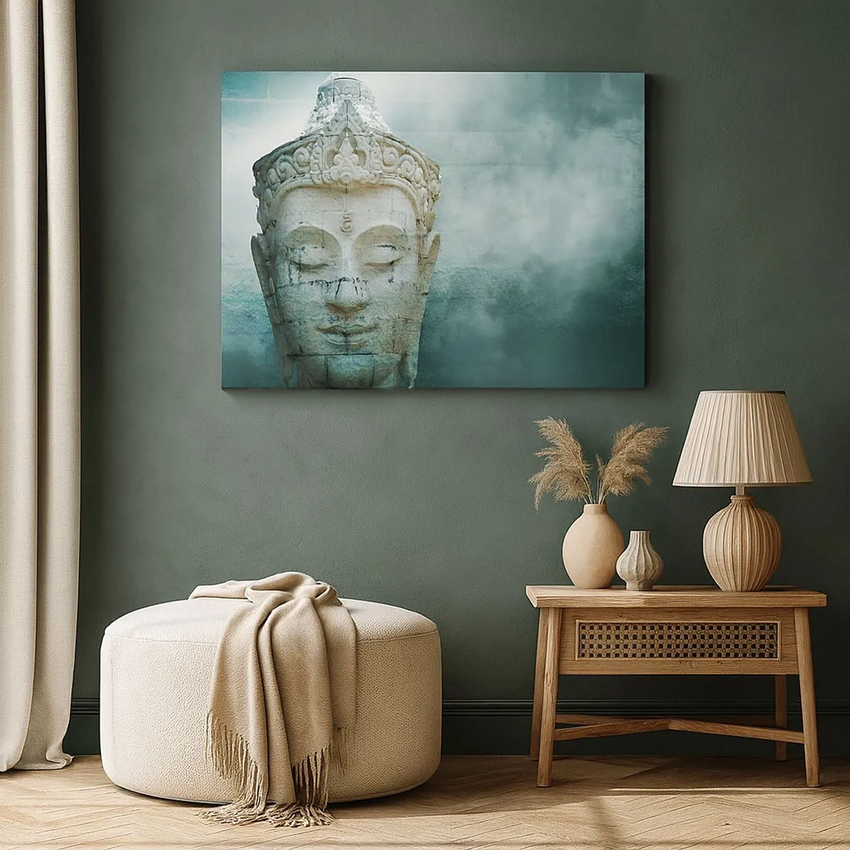 Bild auf Leinwand - Leinwandbild - Buddha-Statue mit sanftem Nebel vor grünem Hintergrund - 70x50cm - Auf der Suche nach dem Licht - Moderne Wanddekoration für Wohnzimmer und Schlafzimmer ARTTOR