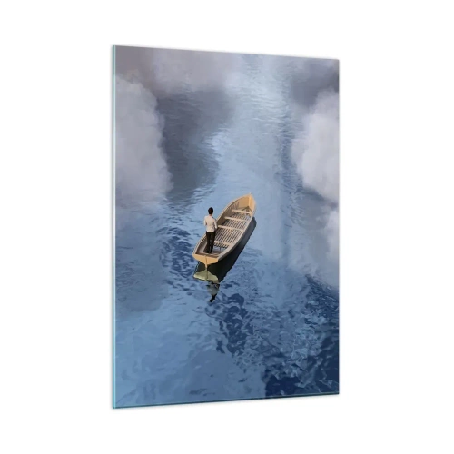 Glasbild - Bild auf glas - Ein Mann in einem Boot, das zwischen den Wolken durch das Wasser segelt - 50x70cm - Leben – Reise – unbekannt - Moderne Wanddekoration für Wohnzimmer und Schlafzimmer ARTTOR