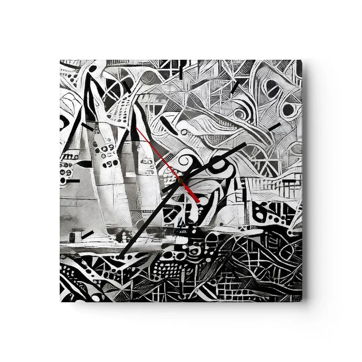 Wanduhr - Glasuhr - Abstrakte Segelboote in einer monochromen Komposition - 30x30cm - Zwischen den Wellen - Moderne Wanddekoration für Wohnzimmer und Schlafzimmer ARTTOR
