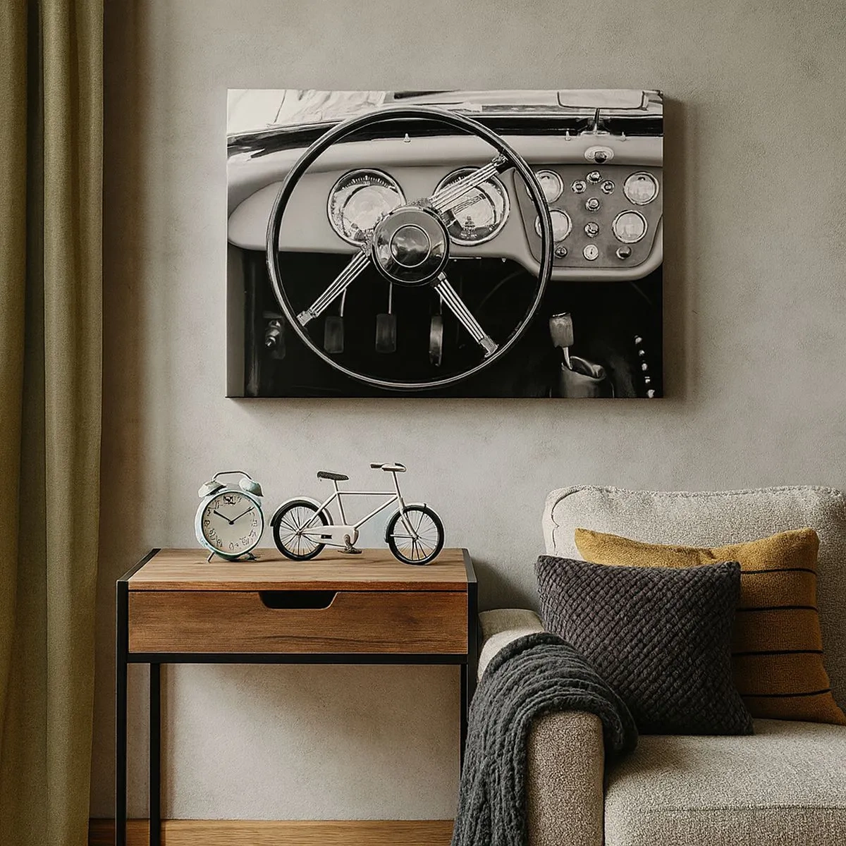 Bild auf Leinwand - Leinwandbild - Schwarz-weißes Oldtimer-Interieur - 70x50cm - Ein Sammlertraum - Moderne Wanddekoration für Wohnzimmer und Schlafzimmer ARTTOR