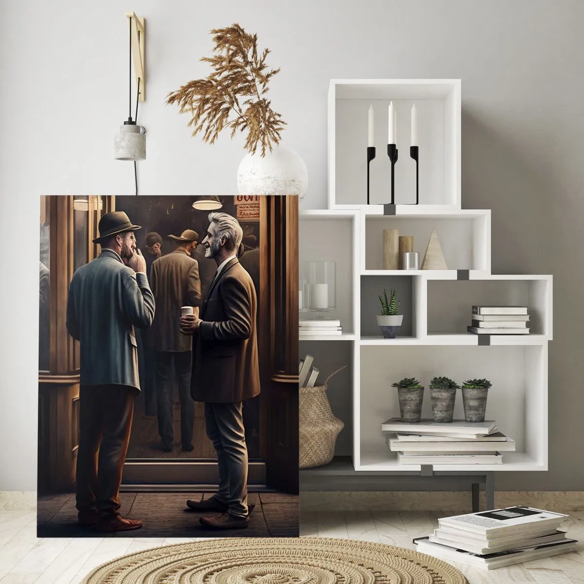 Glasbild - Bild auf glas - Straßenszene mit Menschen vor einem Retro-Café - 80x120cm - Gute Zeit des Tages - Moderne Wanddekoration für Wohnzimmer und Schlafzimmer ARTTOR