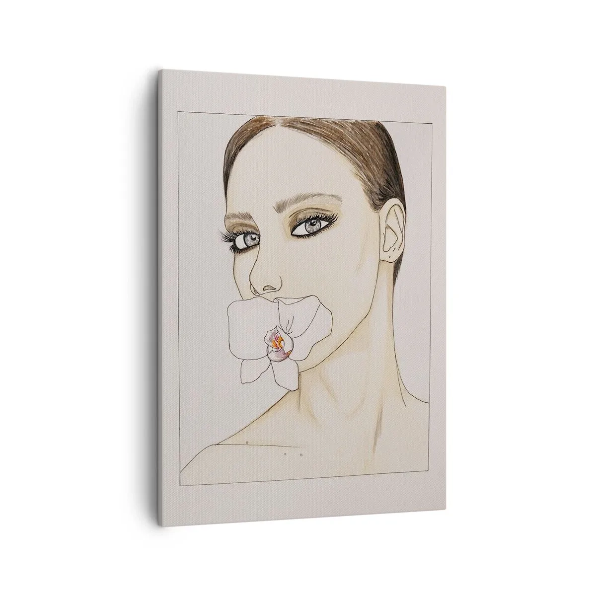 Bild auf Leinwand - Leinwandbild - Porträt einer Frau mit einer Orchidee in zarten Farben - 50x70cm - Ein Symbol für Eleganz und Schönheit - Moderne Wanddekoration für Wohnzimmer und Schlafzimmer ARTTOR