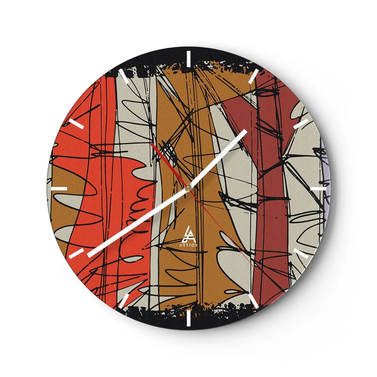 Wanduhr - Glasuhr - Abstrakte Linien und Punkte in einer warmen Farbpalette - 30x30cm - Spontane Komposition - Moderne Wanddekoration für Wohnzimmer, Küche und Schlafzimmer ARTTOR