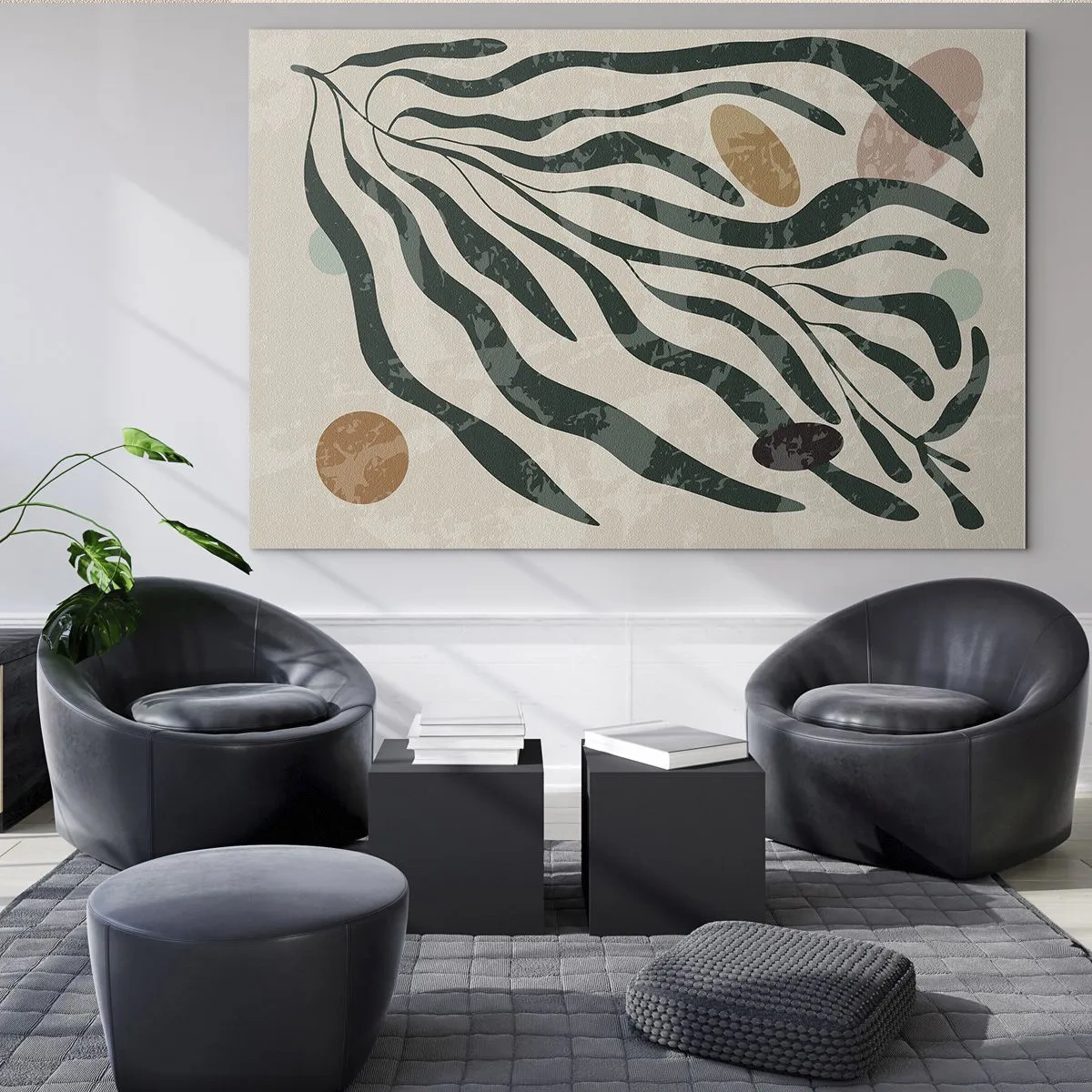 Glasbild - Bild auf glas - Organische Formen in Grün auf beigem Hintergrund - 70x50cm - Im Grünen - Moderne Wanddekoration für Wohnzimmer und Schlafzimmer ARTTOR