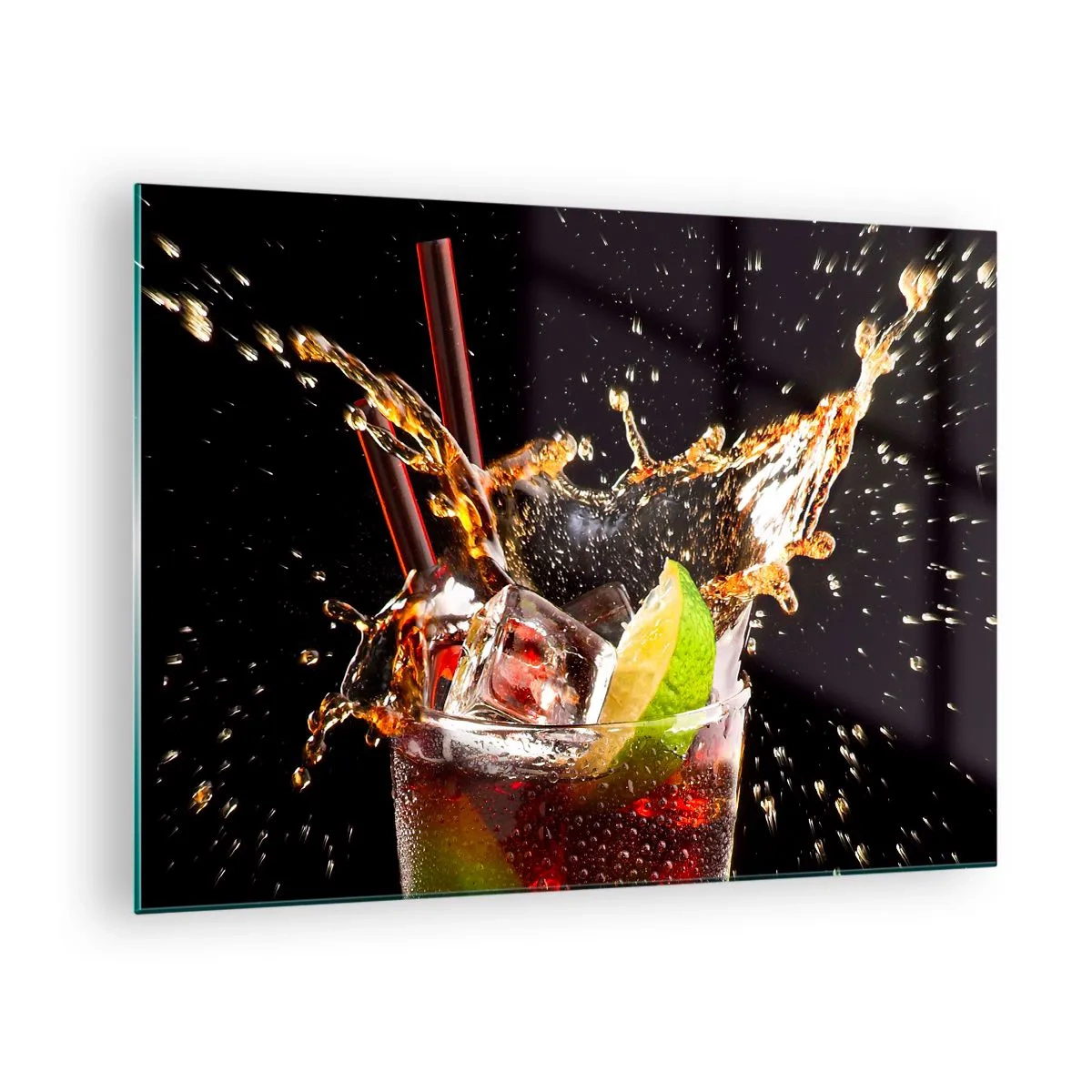 Glasbild - Bild auf glas - Ein Glas Getränk mit Limette und Spritzer auf schwarzem Hintergrund - 70x50cm - Freude und Energie der Farben - Moderne Wanddekoration für Wohnzimmer und Schlafzimmer ARTTOR