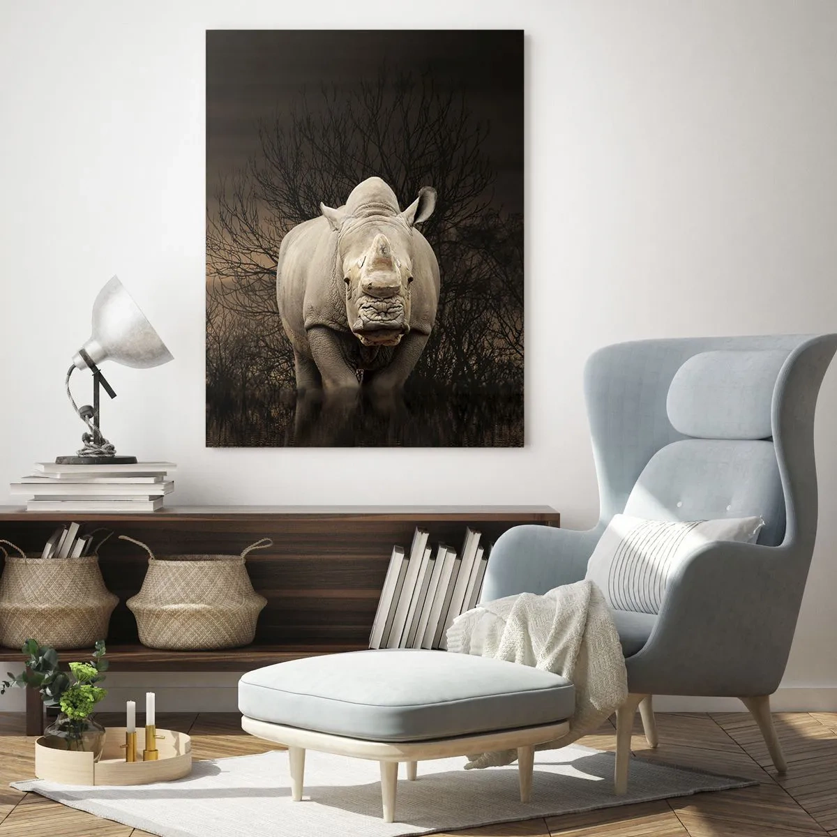 Glasbild - Bild auf glas - Nashorn vor der untergehenden Sonne - 50x70cm - Weiß gegen die Natur - Moderne Wanddekoration für Wohnzimmer und Schlafzimmer ARTTOR