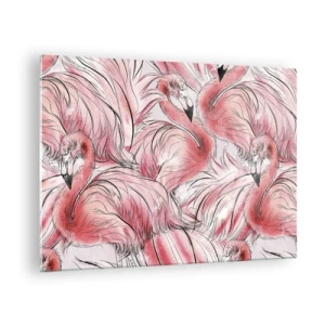 Glasbild - Bild auf glas - Rosa Flamingos im dekorativen Cartoon-Stil - 70x50cm - Bird Corps de Ballet - Moderne Wanddekoration für Wohnzimmer und Schlafzimmer ARTTOR