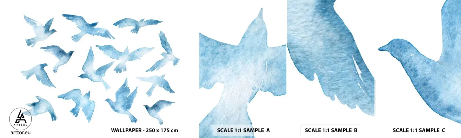 Fototapeten Muster Selbstklebend Deluxe Sticker - Blaue Vögel - Abstraktion, Vogel, Grafik - 100x30 cm