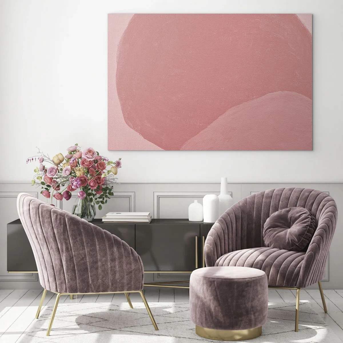 Glasbild - Bild auf glas - Eine abstrakte Form in Rosa- und Pastelltönen. - 70x50cm - Organische Komposition in Rosa - Moderne Wanddekoration für Wohnzimmer und Schlafzimmer ARTTOR