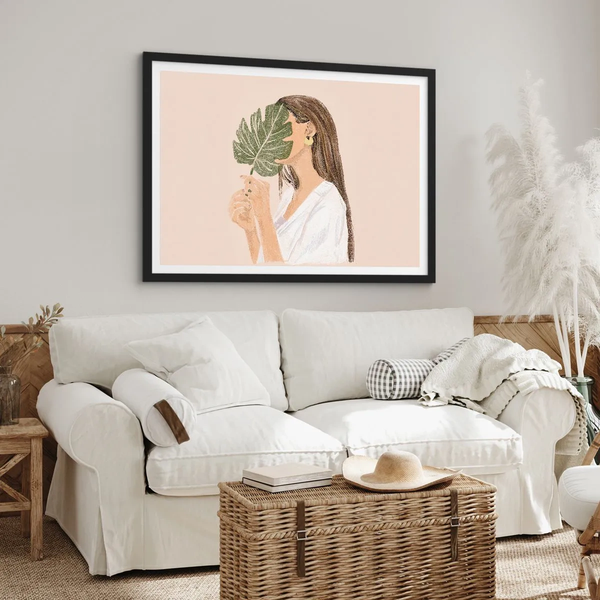 Poster in einem schwarzem Rahmen - Porträt einer Frau mit einem Monstera-Blatt auf beigem Hintergrund - 70x50cm - Geheimnisvolles Porträt mit Fächer - Moderne Wanddekoration für Wohnzimmer und Schlafzimmer ARTTOR