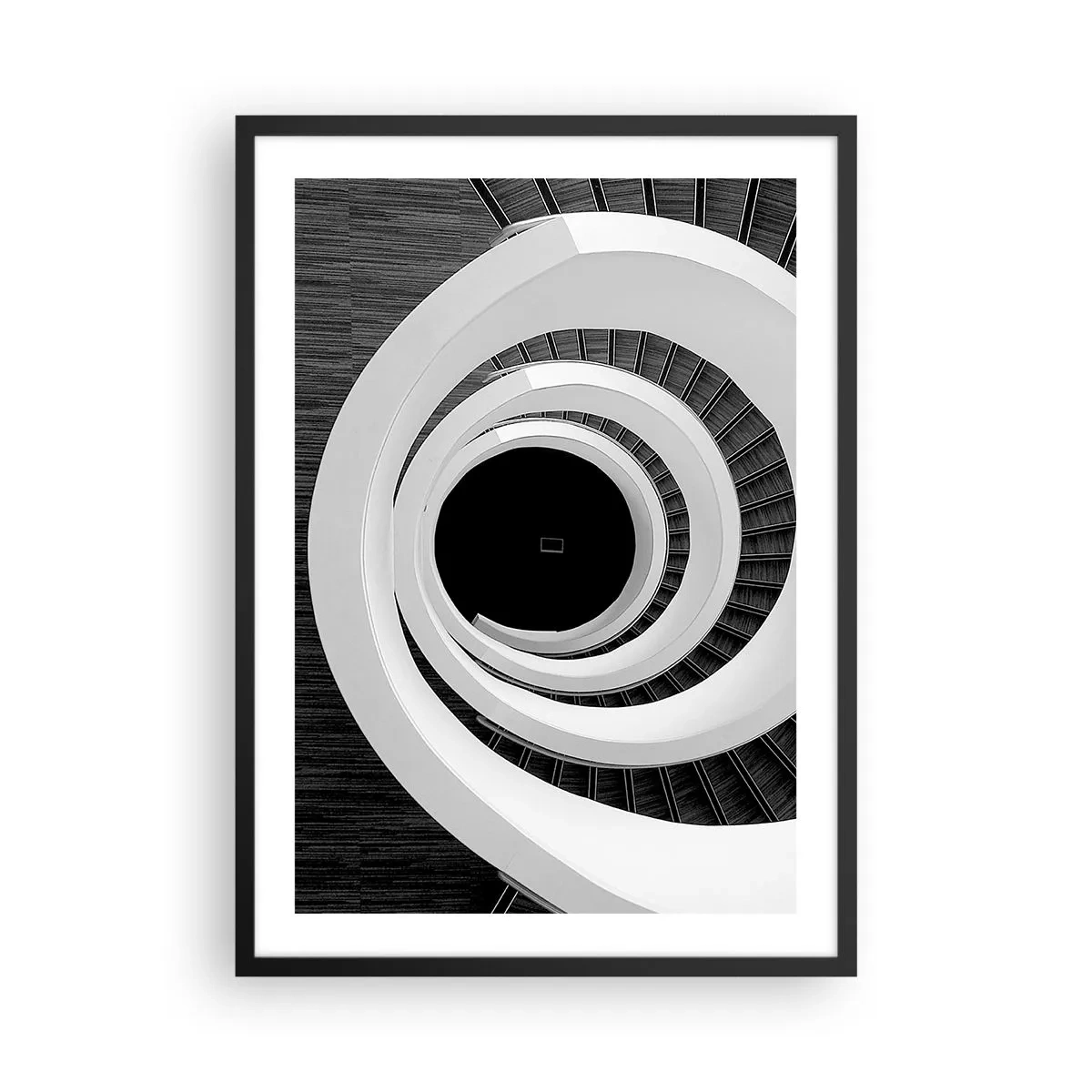 Poster in einem schwarzem Rahmen - Eine Wendeltreppe in Schwarz und Weiß mit abstraktem Design - 50x70cm - Zum Kern der Sache - Moderne Wanddekoration für Wohnzimmer und Schlafzimmer ARTTOR