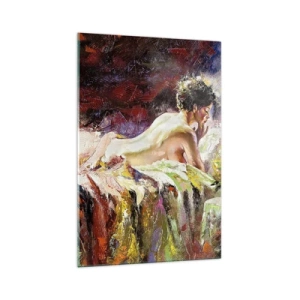 Glasbild - Bild auf glas - Eine Frau liegt auf einem Bett vor einem Hintergrund aus abstrakten Farben. - 70x100cm - Venus in Gedanken - Moderne Wanddekoration für Wohnzimmer und Schlafzimmer ARTTOR