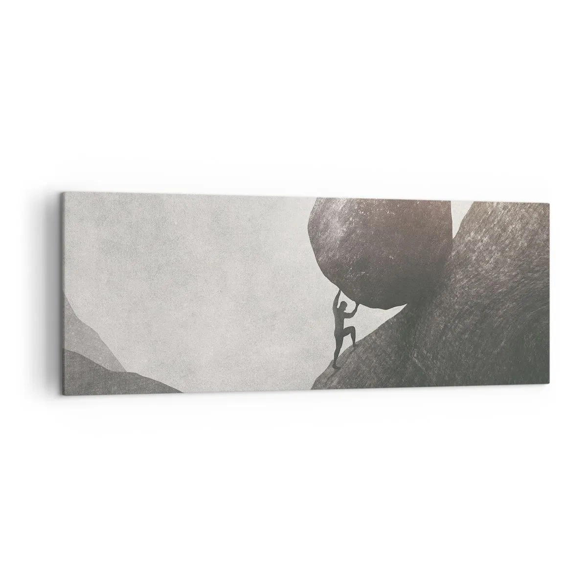 Bild auf Leinwand - Leinwandbild - Ein Mann klettert einen riesigen Felsbrocken einen Hügel hinauf - 140x50cm - Ich glaube wider alle Hoffnung - Moderne Wanddekoration für Wohnzimmer und Schlafzimmer ARTTOR