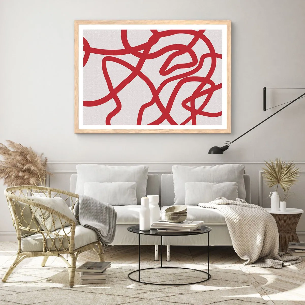 Poster in einem Rahmen aus heller Eiche - Rot auf Weiß - 91x61 cm