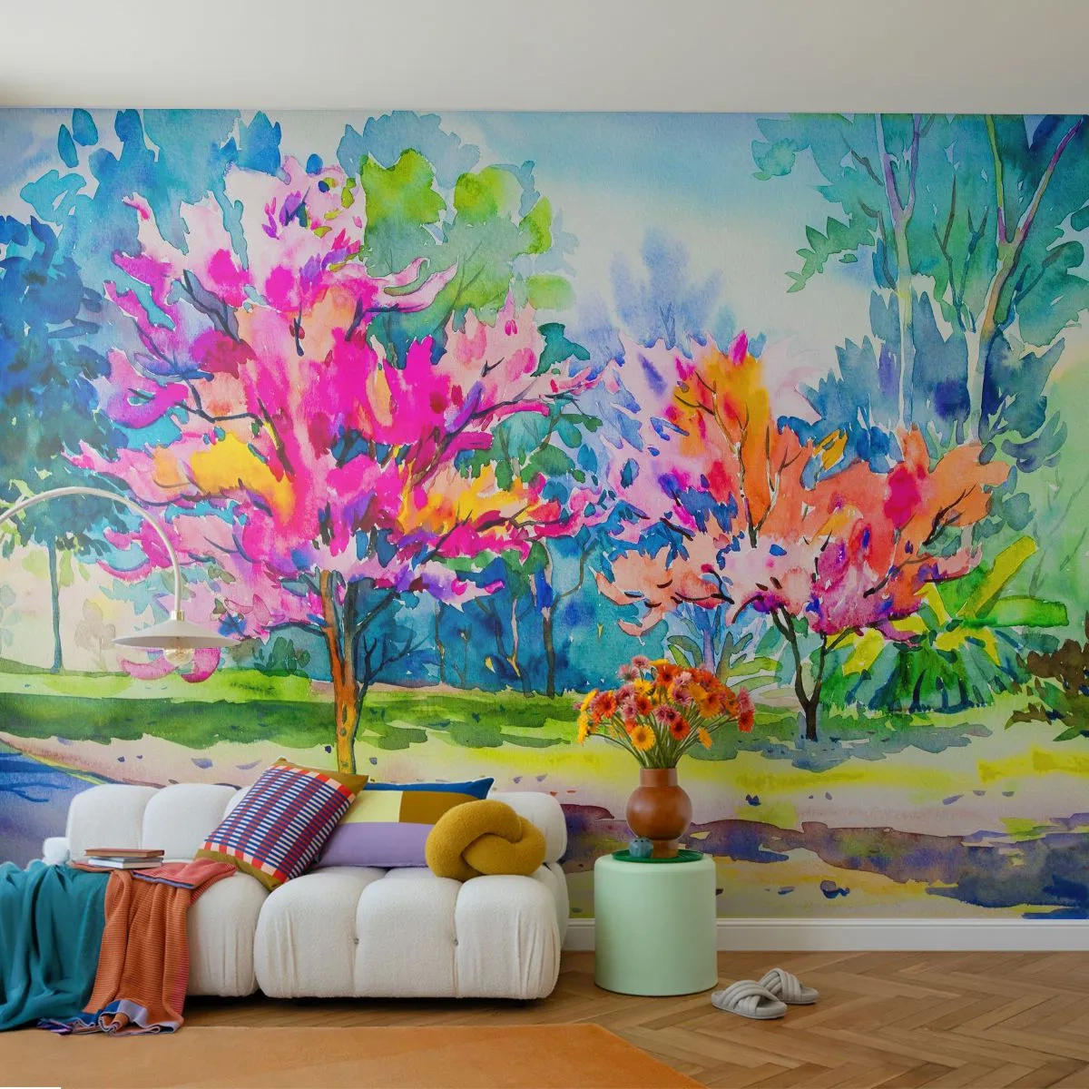 Selbstklebende Fototapete Deluxe Sticker - Regenbogengarten im Frühlingslicht - Park, Bäume, Natur - 200x140 cm