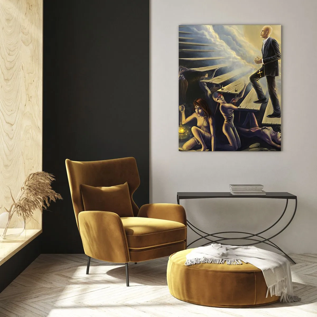 Glasbild - Bild auf glas - Eine symbolische Szene des Weges zum Licht durch eine verfallene Treppe - 80x120cm - Danteske Reise zum Licht - Moderne Wanddekoration für Wohnzimmer und Schlafzimmer ARTTOR