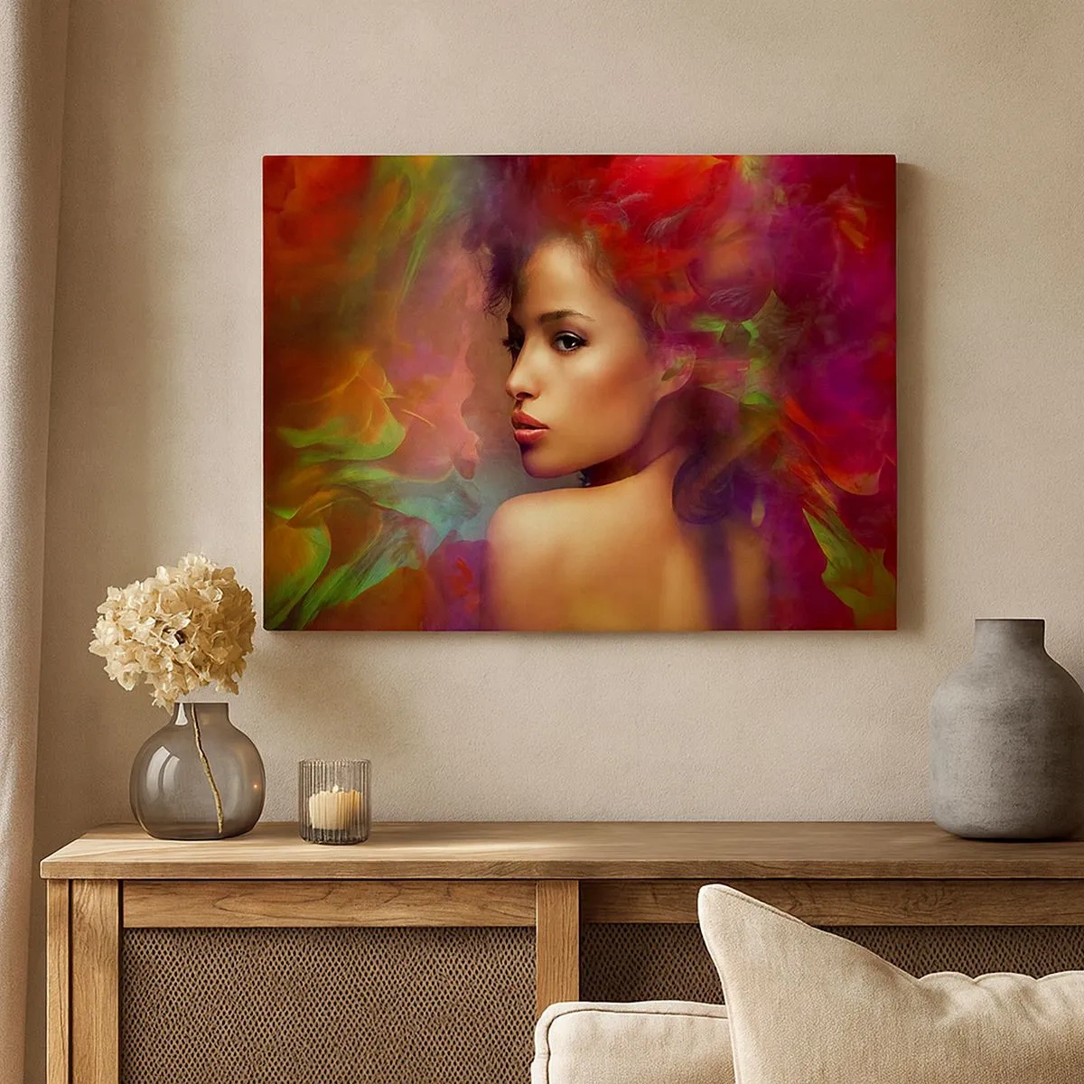 Bild auf Leinwand - Leinwandbild - Eine Frau mit bunten Reflexionen, die einen abstrakten Hintergrund erzeugen - 70x50cm - Schöner als ein Regenbogen, so zart wie ein Nebel - Moderne Wanddekoration für Wohnzimmer und Schlafzimmer ARTTOR