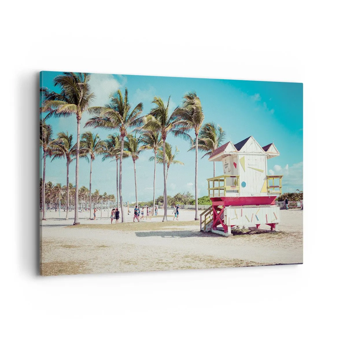 Bild auf Leinwand - Leinwandbild - Ein Strand mit Palmen und einem Rettungsschwimmerturm im Hintergrund - 120x80cm - Dir steht ein schöner Tag bevor - Moderne Wanddekoration für Wohnzimmer und Schlafzimmer ARTTOR