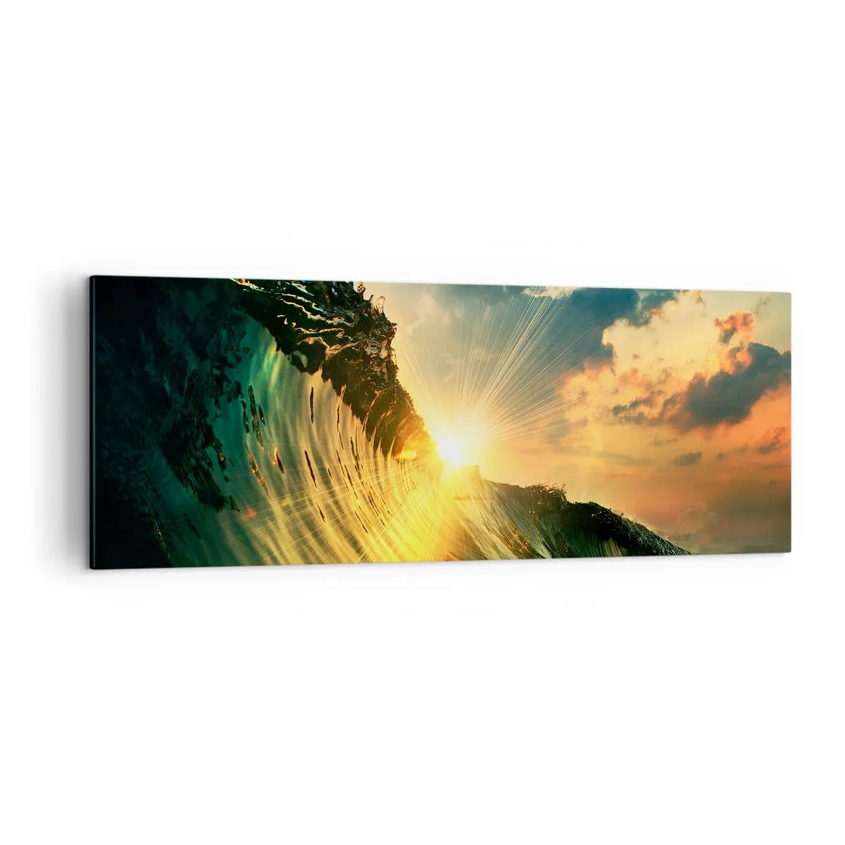 Bild auf Leinwand - Leinwandbild - Eine Welle mit untergehender Sonne und beleuchteten Wolken - 140x50cm - Surfer, wo bist du? - Moderne Wanddekoration für Wohnzimmer und Schlafzimmer ARTTOR