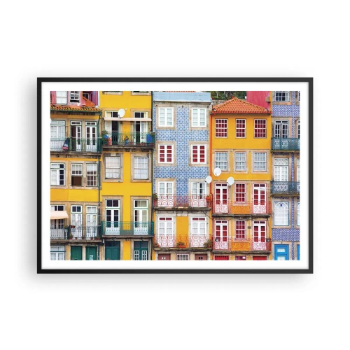 Poster in einem schwarzem Rahmen - Bunte Fassaden von Mietshäusern im Stadtbild - 100x70cm - Farben der Altstadt - Moderne Wanddekoration für Wohnzimmer und Schlafzimmer ARTTOR