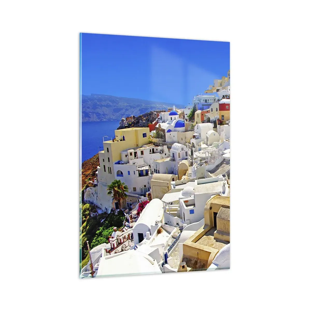 Glasbild - Bild auf glas - Panorama von Santorini mit weißen Häusern und blauem Himmel - 80x120cm - Der Traum vom griechischen Sommer - Moderne Wanddekoration für Wohnzimmer und Schlafzimmer ARTTOR