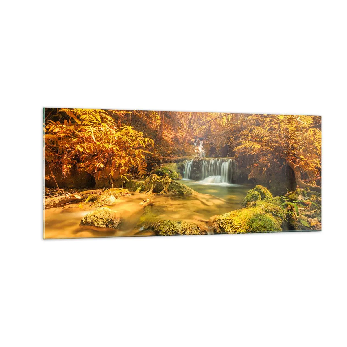 Glasbild - Bild auf glas - Waldkaskade in Gold - 100x40 cm