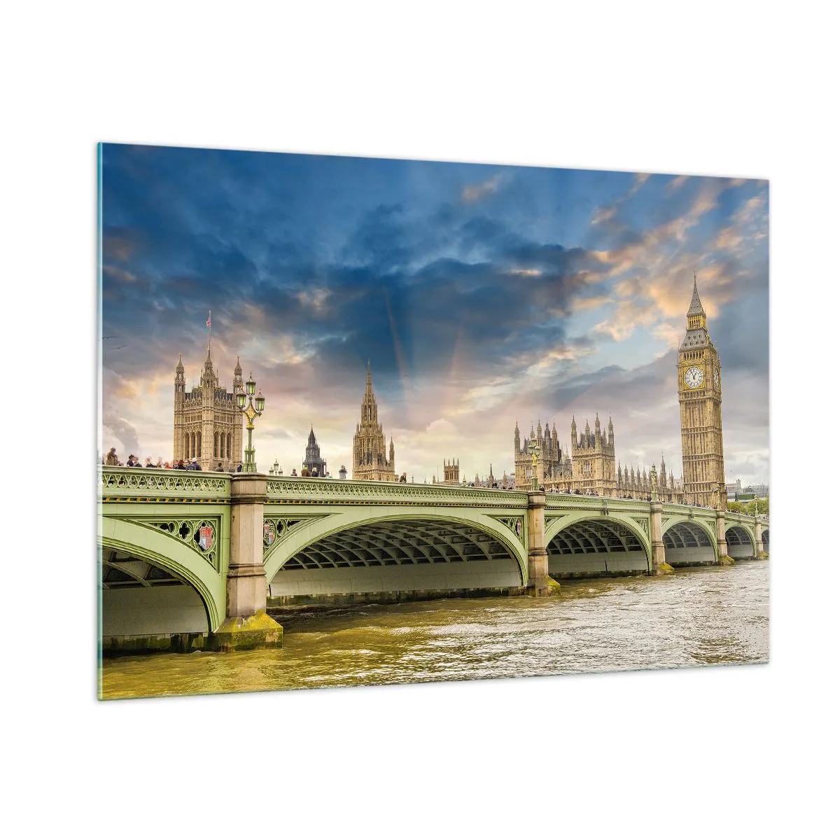 Glasbild - Bild auf glas - Big Ben und Westminster Bridge bei Sonnenuntergang - 100x70cm - Im Imperium ist die Zeit stehen geblieben - Moderne Wanddekoration für Wohnzimmer und Schlafzimmer ARTTOR