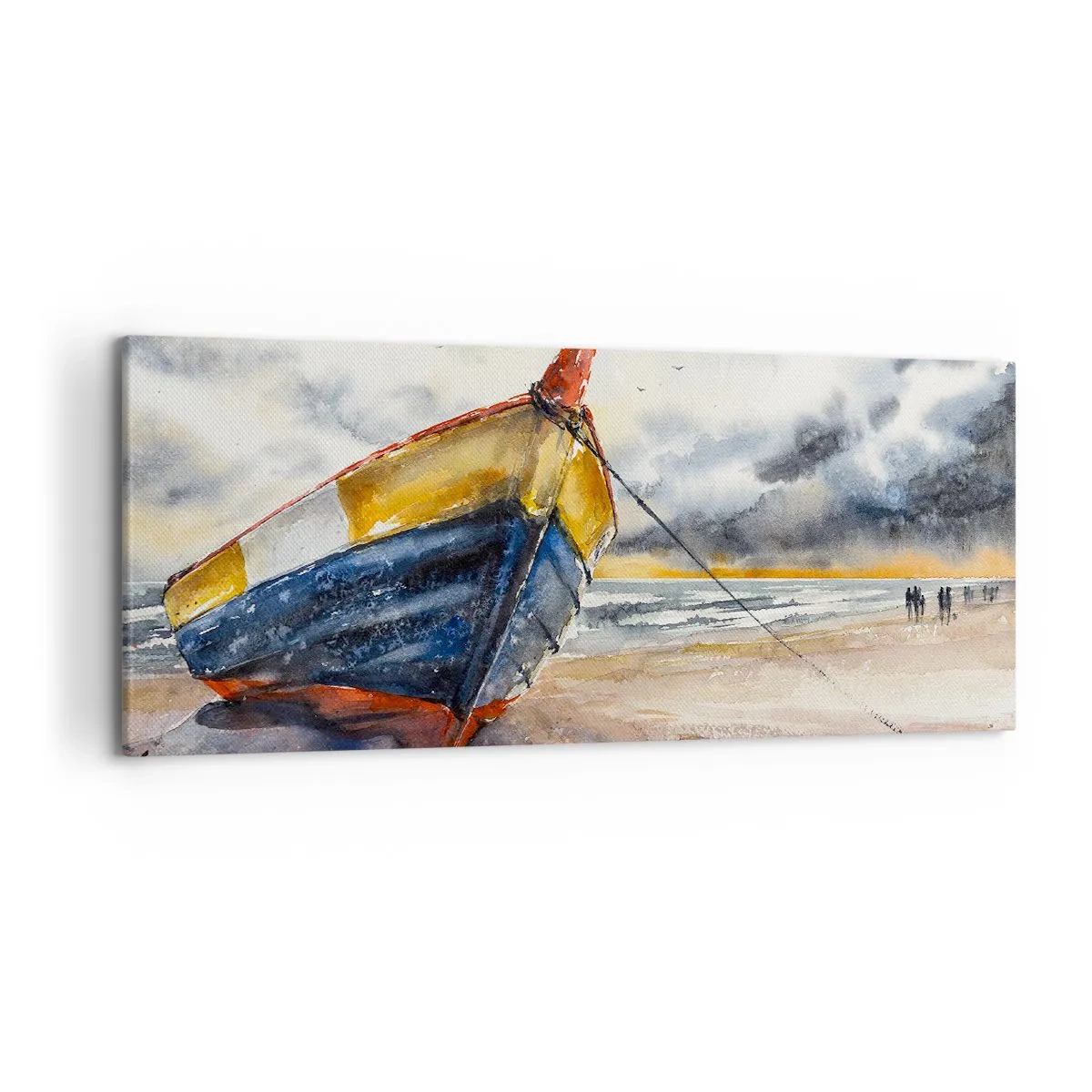 Bild auf Leinwand - Leinwandbild - Ein malerisches Boot am Strand unter einem bewölkten Himmel - 120x50cm - Erholung am Ufer - Moderne Wanddekoration für Wohnzimmer und Schlafzimmer ARTTOR