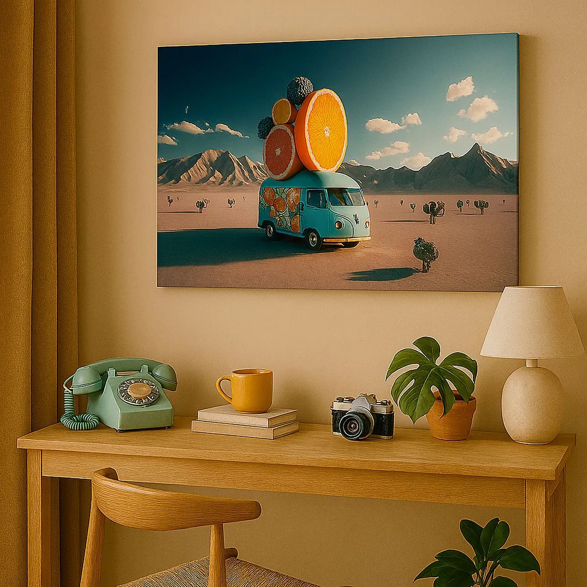Bild auf Leinwand - Leinwandbild - Obstwagen in einer Wüstenlandschaft - 70x50cm - Geschmack von Urlaub - Moderne Wanddekoration für Wohnzimmer und Schlafzimmer ARTTOR