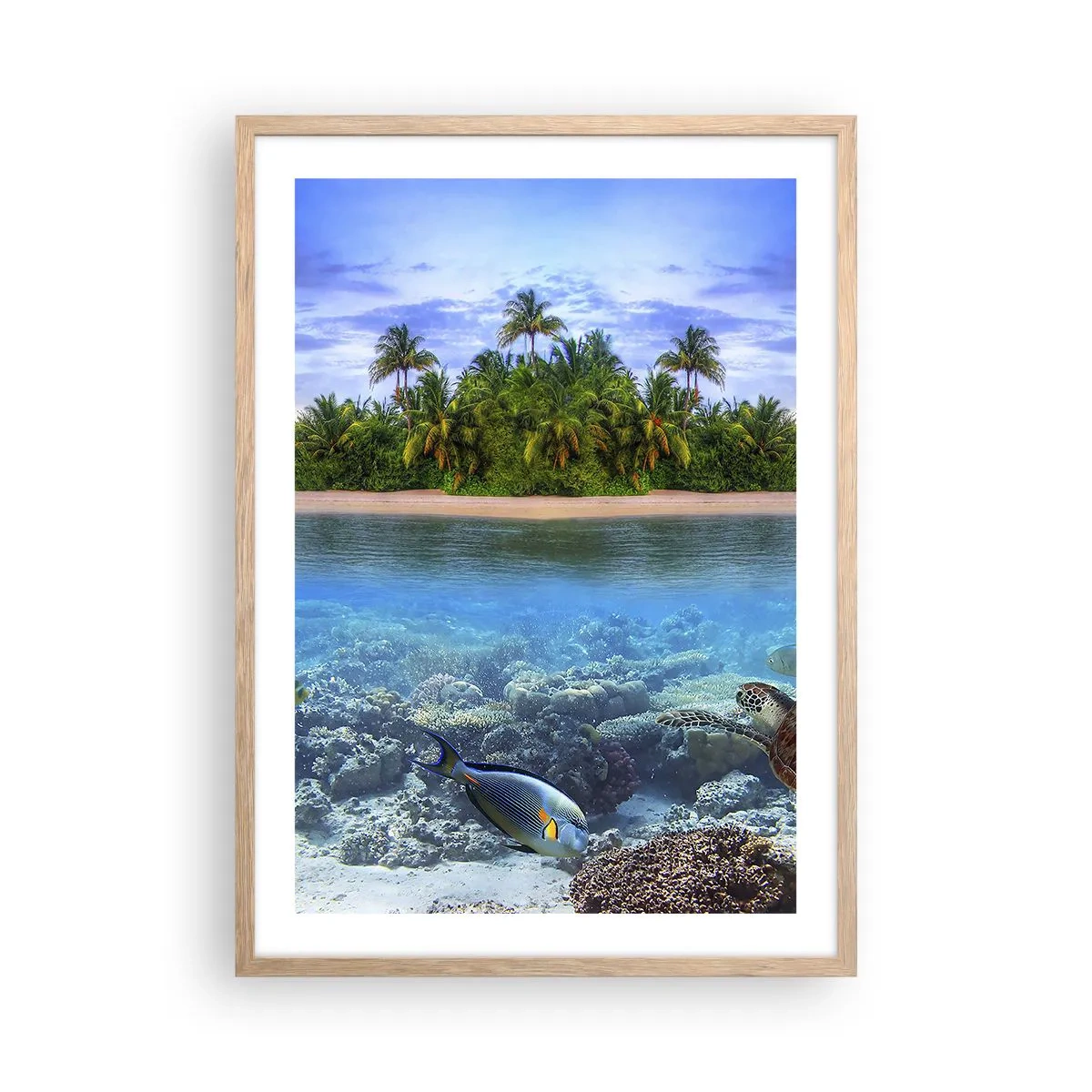 Poster in einem Rahmen aus heller Eiche - Heavenly Island lädt dich ein - 50x70 cm