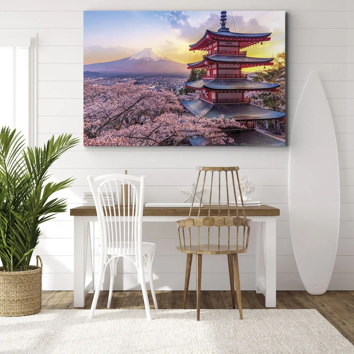 Bild auf Leinwand - Leinwandbild - Eine Pagode in Japan mit Kirschblüten und dem Berg Fuji - 120x80cm - Die Essenz des japanischen Geistes - Moderne Wanddekoration für Wohnzimmer und Schlafzimmer ARTTOR