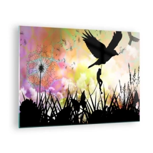 Glasbild - Bild auf glas - Illustration einer Figur, die vor einem Hintergrund aus bunten Blumen auf einen Vogel klettert. - 70x50cm - In märchenhafter Atmosphäre - Moderne Wanddekoration für Wohnzimmer und Schlafzimmer ARTTOR