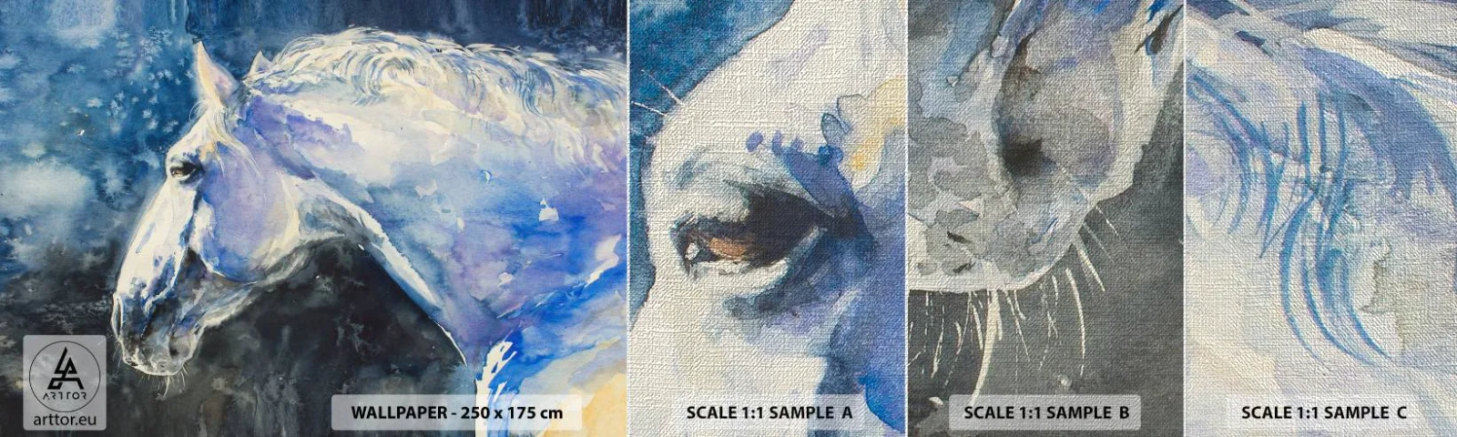 Fototapeten Muster Premium Canvas - Porträt in blauem Glanz - Pferd, Malerei, Tiere - 100x30 cm