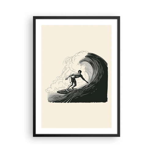 Poster in einem schwarzem Rahmen - Retro-Surfer auf Wellengrafik, schwarz-cremefarbene Komposition - 50x70cm - König der Welle - Moderne Wanddekoration für Wohnzimmer und Schlafzimmer ARTTOR