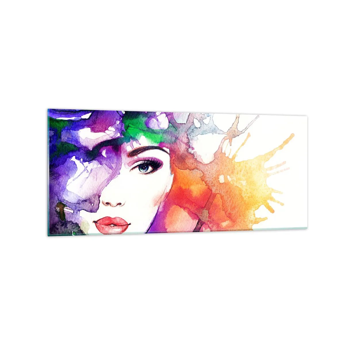 Glasbild - Bild auf glas - Porträt einer Frau in Aquarellfarben mit abstrakten Flecken - 120x50cm - Mit dem Kopf in den Wolken - Moderne Wanddekoration für Wohnzimmer und Schlafzimmer ARTTOR