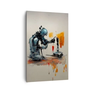 Bild auf Leinwand - Leinwandbild - Roboter bei der Arbeit mit abstraktem Hintergrund - 80x120cm - Schon morgen… - Moderne Wanddekoration für Wohnzimmer und Schlafzimmer ARTTOR