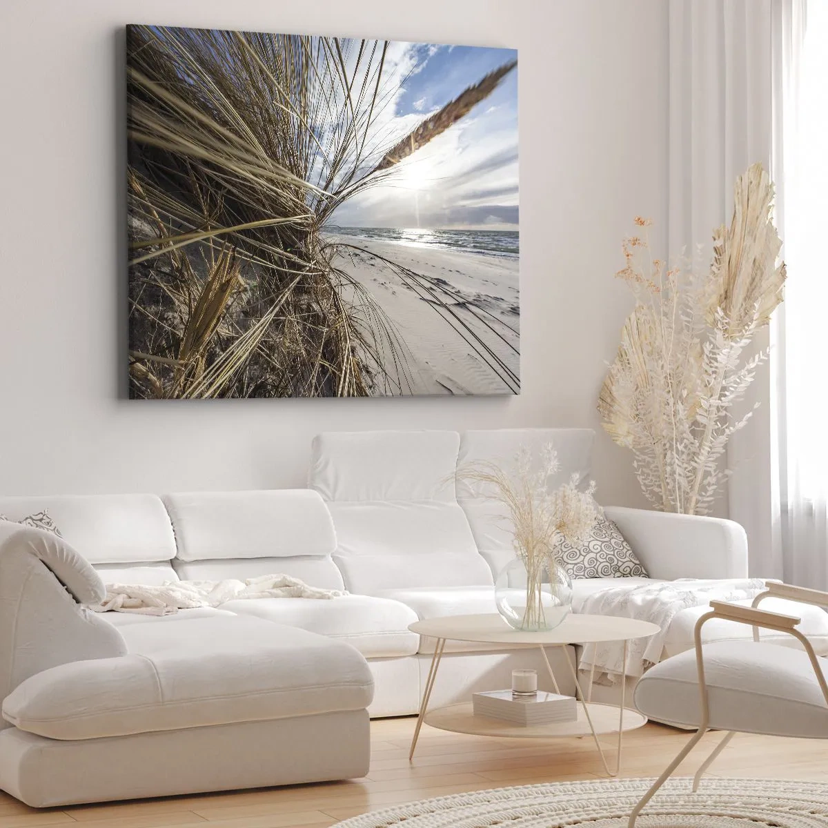 Bild auf Leinwand - Leinwandbild - Ein Strand mit trockenem Gras auf den Dünen und Blick auf das Meer - 100x70cm - Ein Treffen der Elemente der Natur - Moderne Wanddekoration für Wohnzimmer und Schlafzimmer ARTTOR
