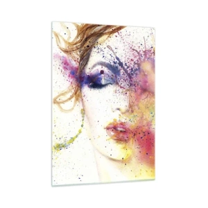 Glasbild - Bild auf glas - Abstraktes Porträt einer Frau mit Regenbogen-Farbspritzern - 50x70cm - Regenbogenschwindel - Moderne Wanddekoration für Wohnzimmer und Schlafzimmer ARTTOR