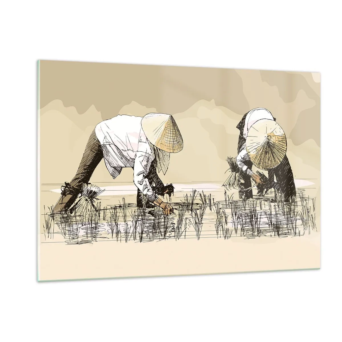 Glasbild - Bild auf glas - Eine minimalistische Illustration von Bauern bei der Arbeit - 120x80cm - Erfolgreiche Ernte - Moderne Wanddekoration für Wohnzimmer und Schlafzimmer ARTTOR