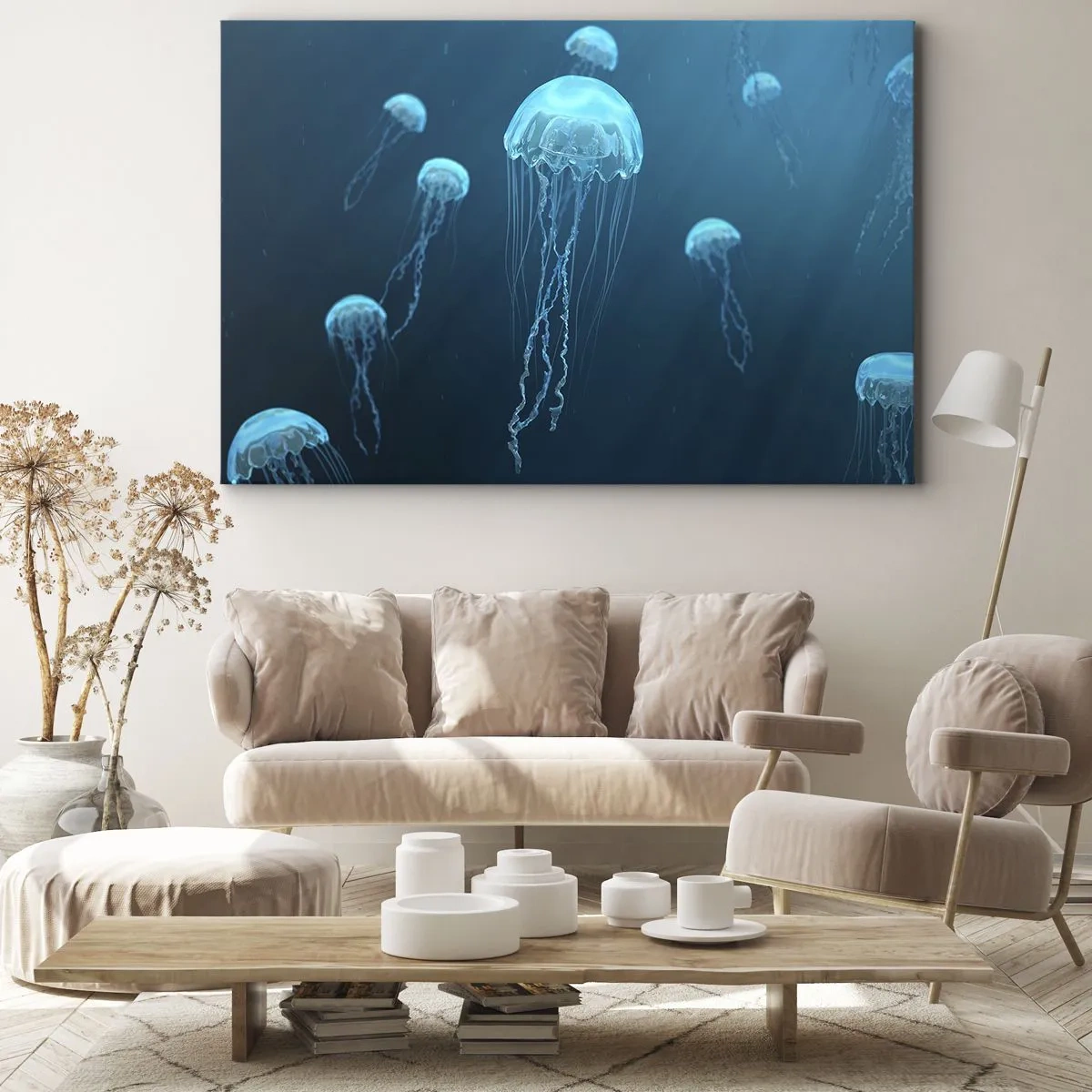 Bild auf Leinwand - Leinwandbild - Quallen schwimmen in den Tiefen des Ozeans in Blautönen - 120x80cm - Ozeantanz - Moderne Wanddekoration für Wohnzimmer und Schlafzimmer ARTTOR