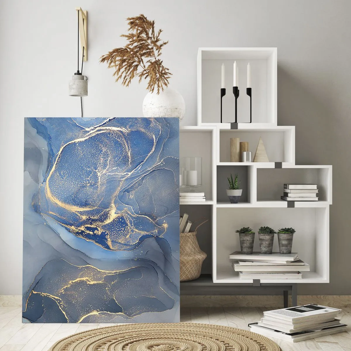 Glasbild - Bild auf glas - Abstrakte blaue Muster mit goldenen Akzenten - 80x120cm - Goldstaub - Moderne Wanddekoration für Wohnzimmer und Schlafzimmer ARTTOR
